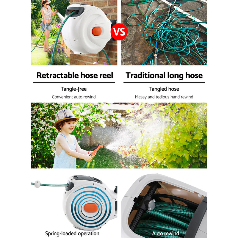 Greenfingers Retractable Hose Reel 30M Garden Water Brass Spray Gun Auto Rewind - Coll Online