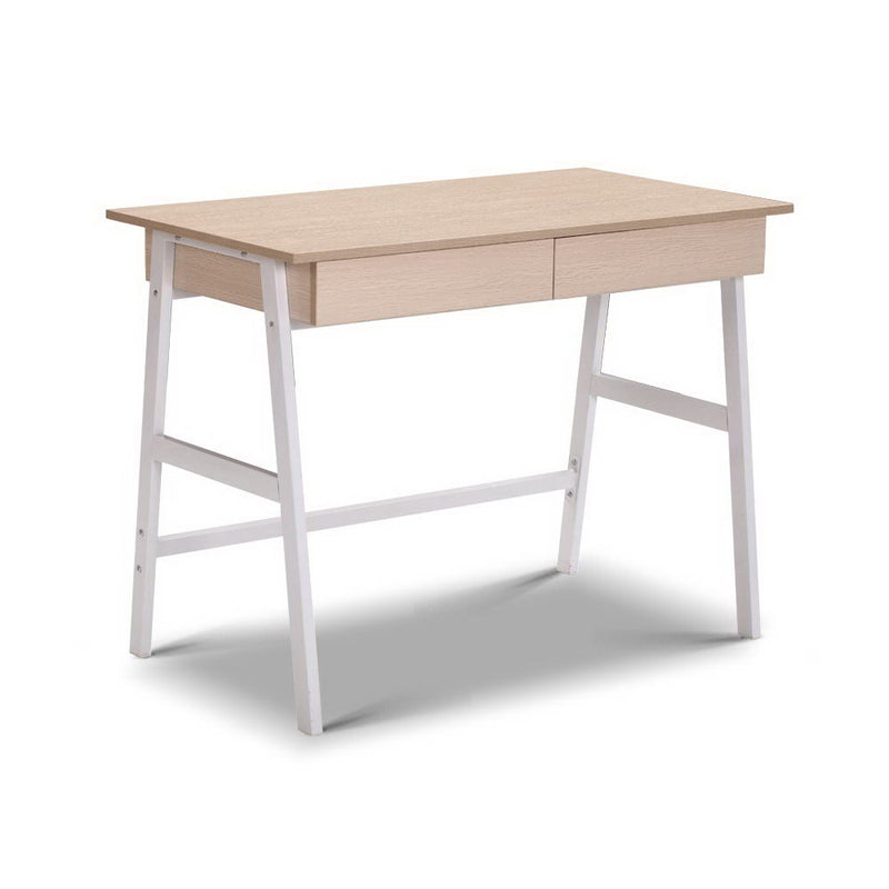 Artiss Metal Desk with Drawer - White with Oak Top - Coll Online