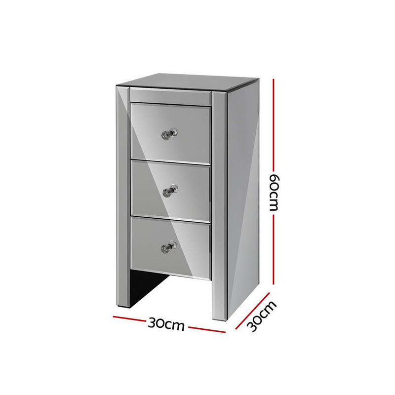 Artiss Mirrored Bedside Tables Drawers Crystal Chest Nightstand Glass Grey - Coll Online