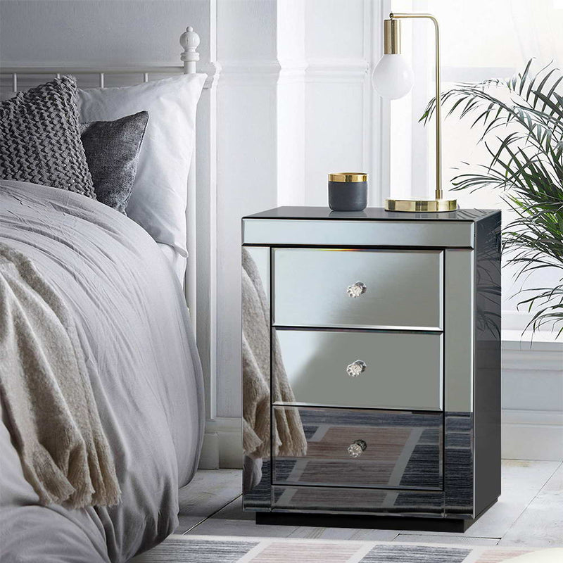 Artiss Mirrored Bedside table Drawers Furniture Mirror Glass Presia Smoky Grey - Coll Online