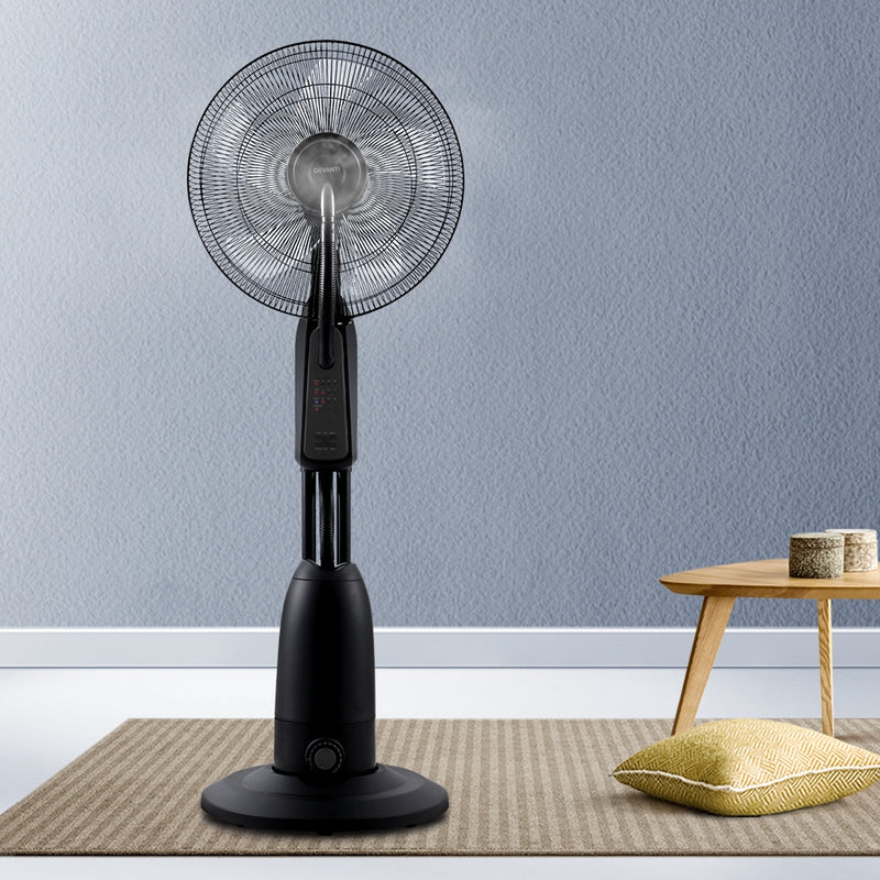 Devanti Mist Fan Pedestal Fans Cool Water Spray Timer Remote 5 Blades Black - Coll Online