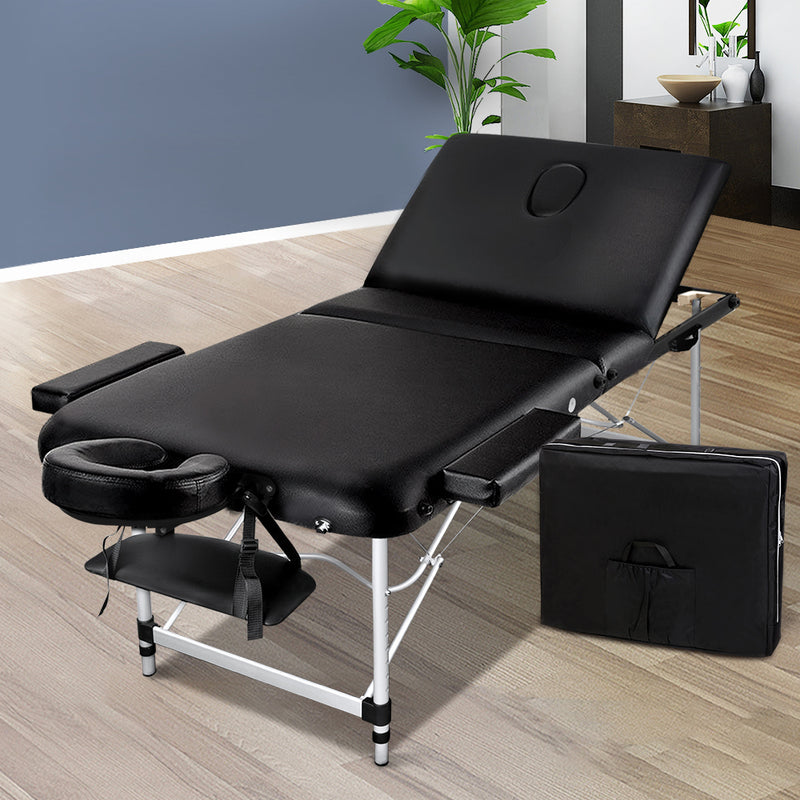 Zenses 70cm Wide Portable Aluminium Massage Table 3 Fold Treatment Beauty Therapy Black - Coll Online