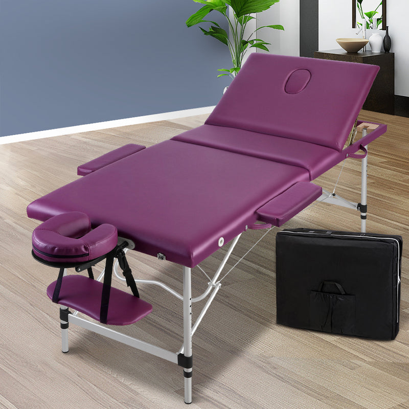 Zenses 3 Fold Portable Aluminium Massage Table Massage Bed Beauty Therapy Purple 75cm - Coll Online