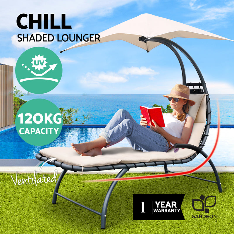 Gardeon Outdoor Lounge Chair with Shade - Beige - Coll Online