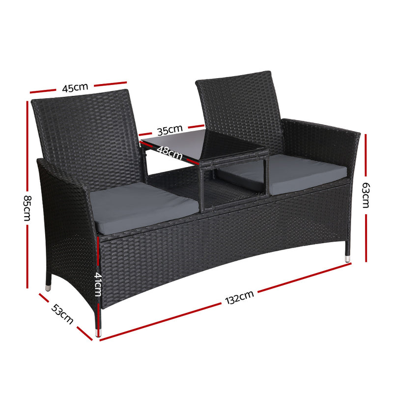 Gardeon Outdoor Furniture Chair Bench Sofa Table 2 Seat Cushions Wicker Black - Coll Online
