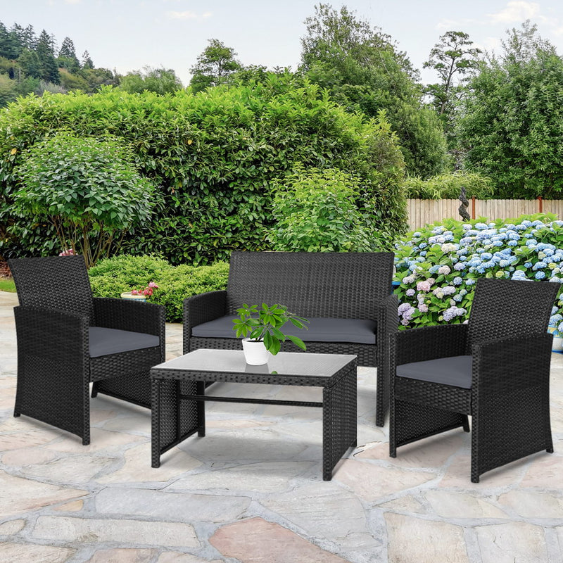 Gardeon Set of 4 Outdoor Wicker Chairs & Table - Black