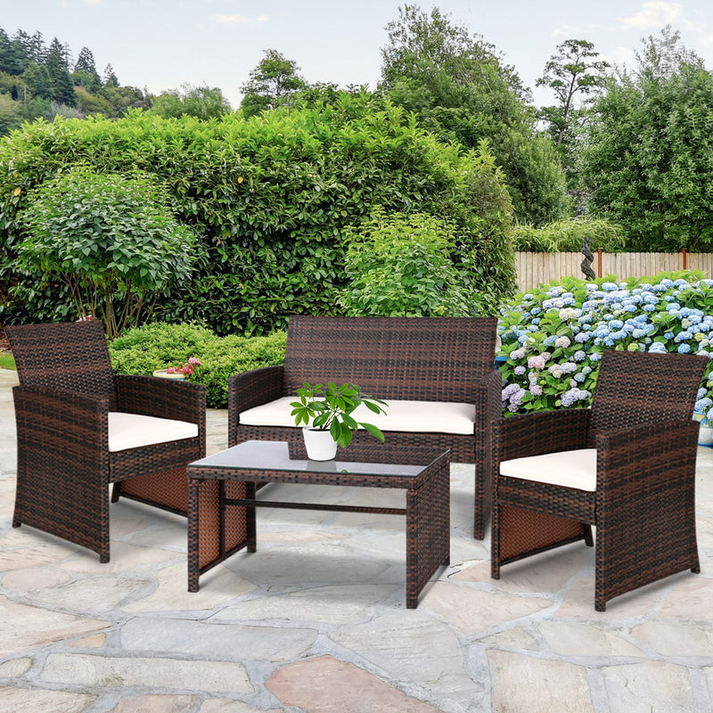 Gardeon Garden Furniture Outdoor Lounge Setting Wicker Sofa Set Storage Cover Brown