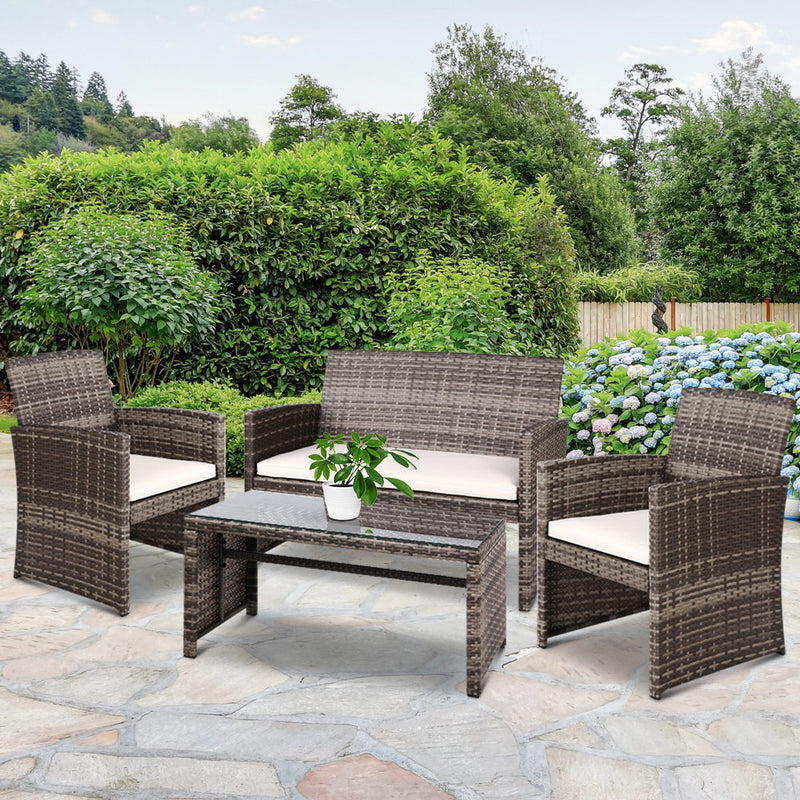 Gardeon Set of 4 Outdoor Wicker Chairs & Table - Grey