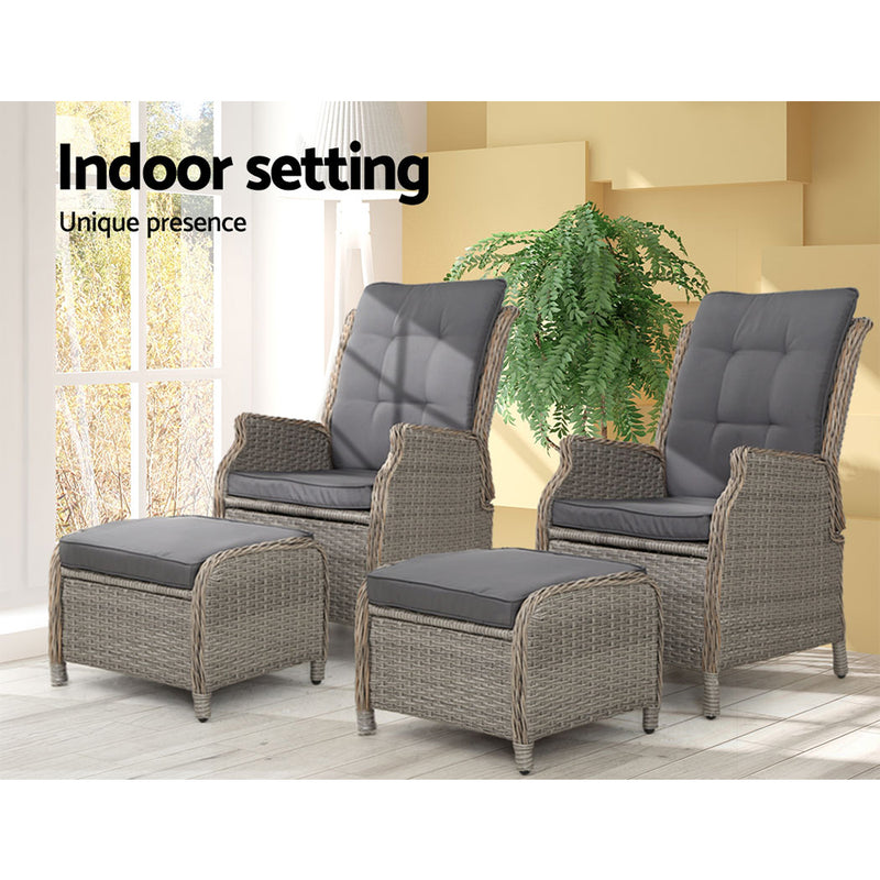 Gardeon Set of 2 Recliner Chairs Sun lounge Outdoor Patio Furniture Wicker Sofa Lounger