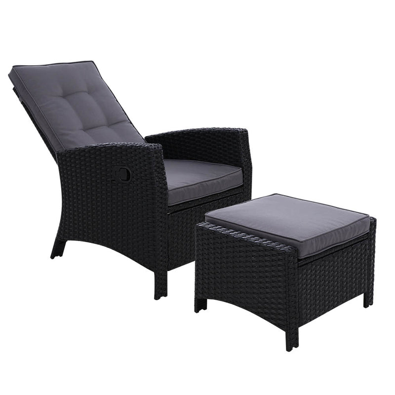 Sun lounge Recliner Chair Wicker Lounger Sofa Day Bed Outdoor Furniture Patio Garden Cushion Ottoman Black Gardeon - Coll Online