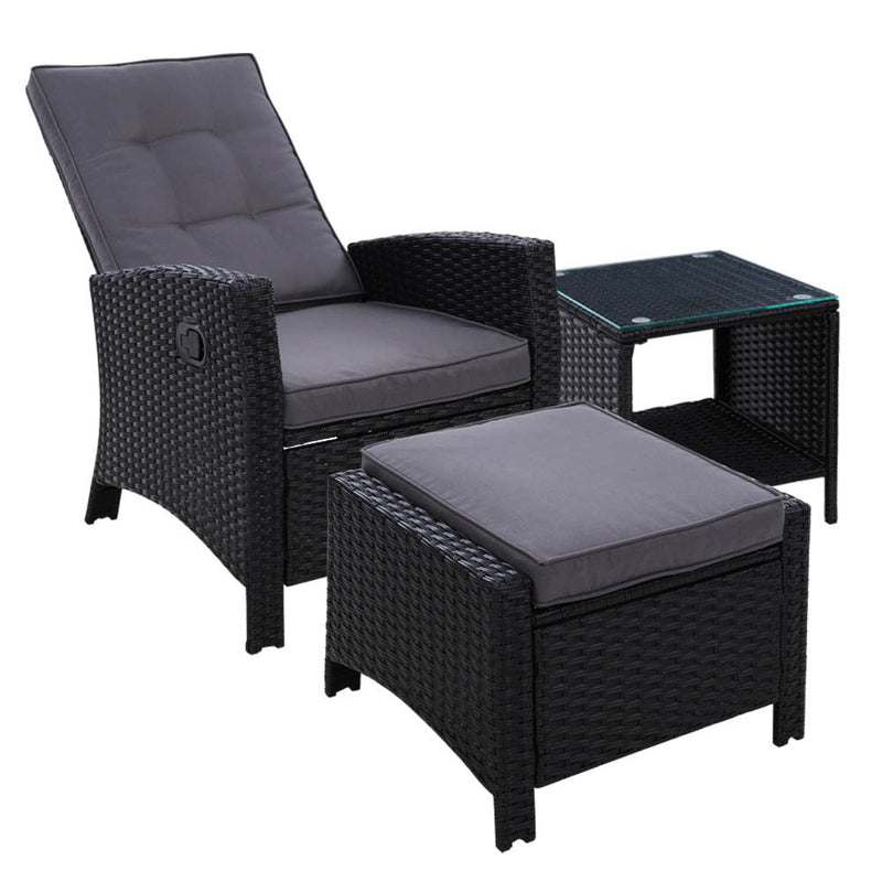 Gardeon Outdoor Setting Recliner Chair Table Set Wicker lounge Patio Furniture Black - Coll Online