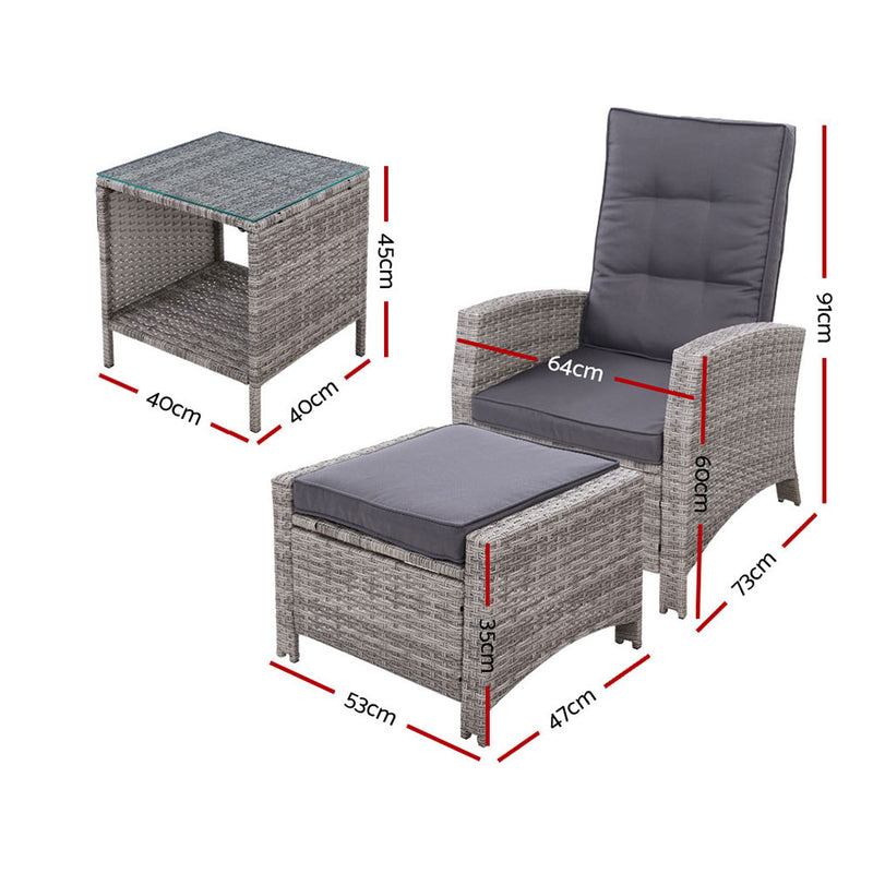 Outdoor Setting Recliner Chair Table Set Wicker lounge Patio Furniture Grey - Coll Online
