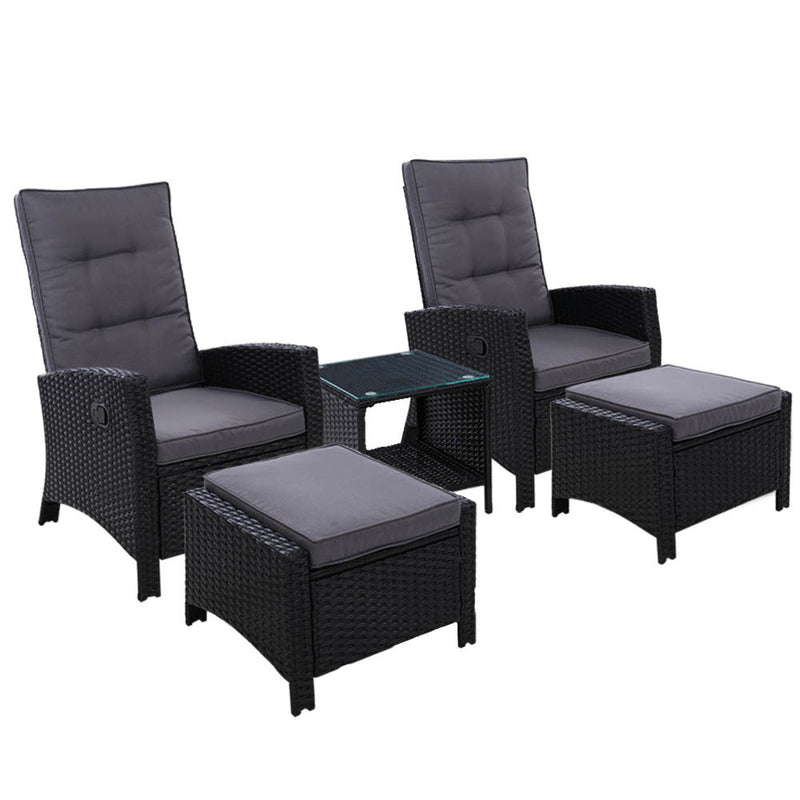 Gardeon Outdoor Patio Furniture Recliner Chairs Table Setting Wicker Lounge 5pc Black - Coll Online