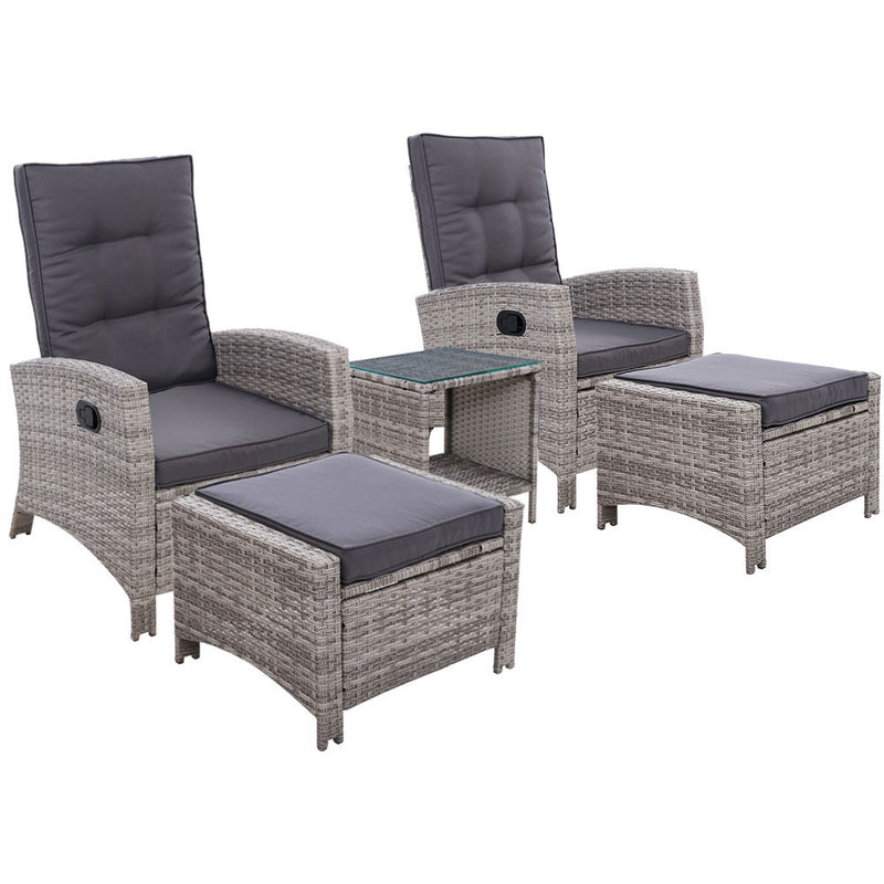 Gardeon Outdoor Patio Furniture Recliner Chairs Table Setting Wicker Lounge 5pc Grey - Coll Online