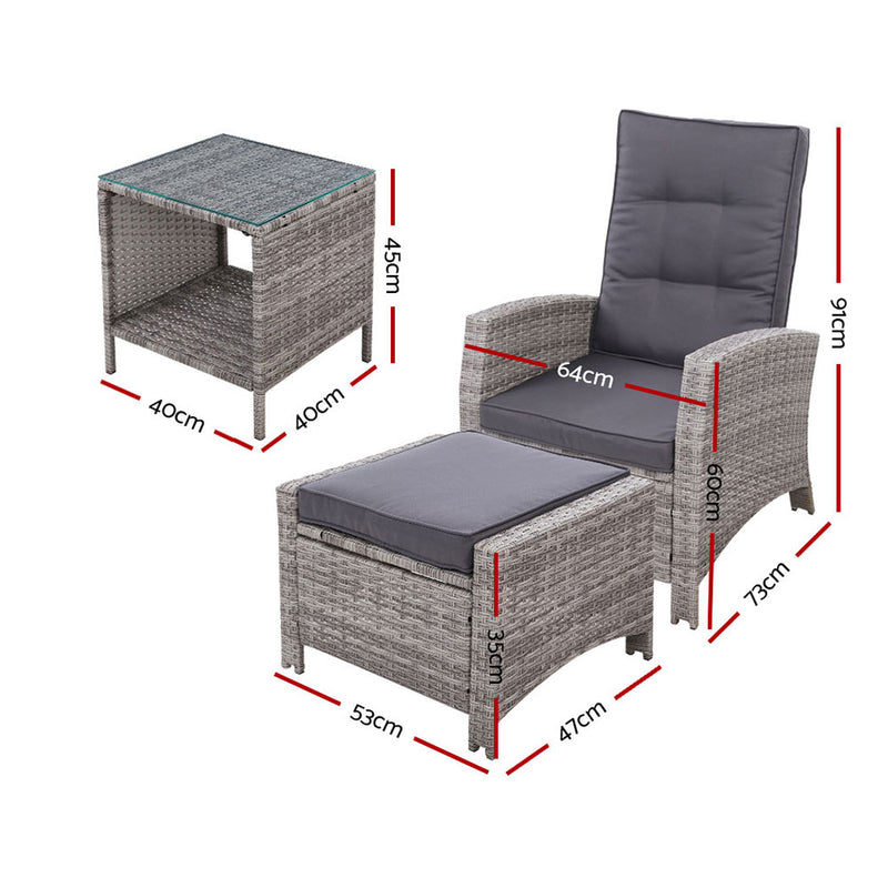 Gardeon Outdoor Patio Furniture Recliner Chairs Table Setting Wicker Lounge 5pc Grey - Coll Online