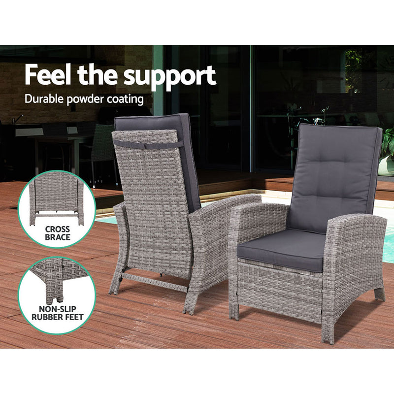 Gardeon Outdoor Patio Furniture Recliner Chairs Table Setting Wicker Lounge 5pc Grey - Coll Online