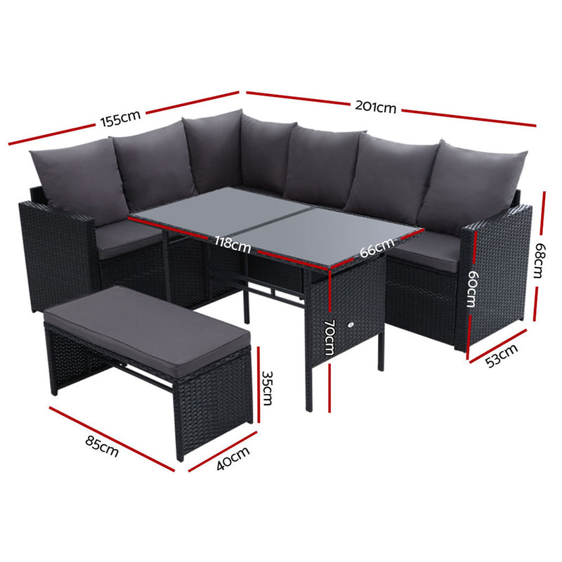 Gardeon Outdoor Furniture Dining Setting Sofa Set Lounge Wicker 8 Seater Black - Coll Online