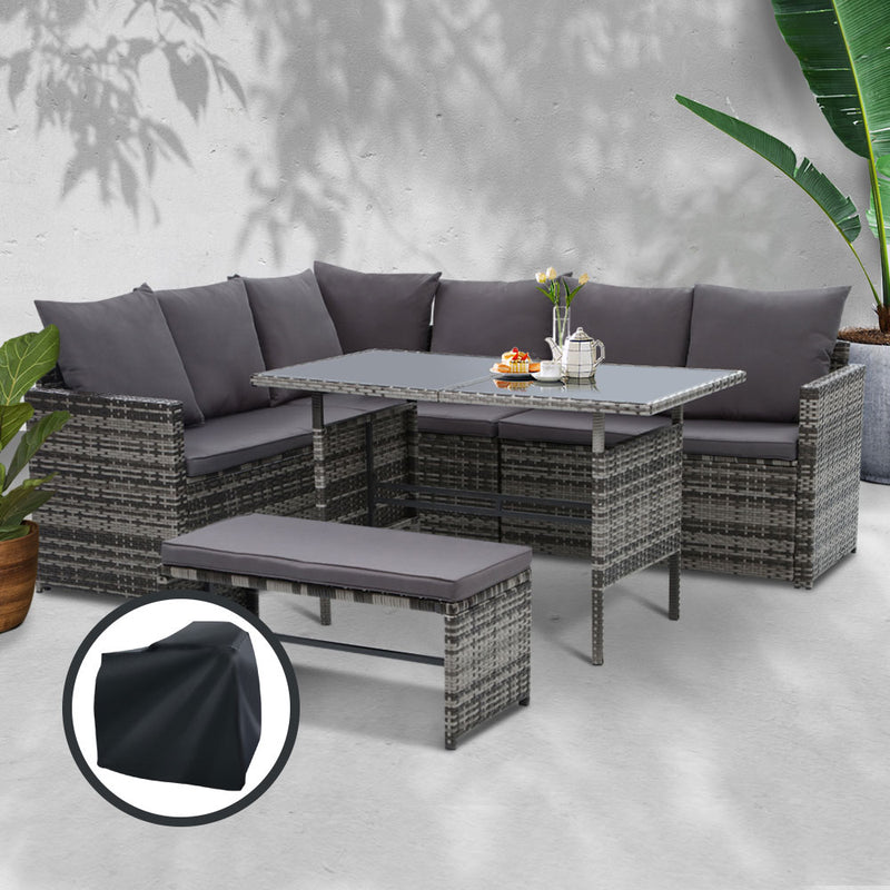 Gardeon Outdoor Furniture Dining Setting Sofa Set Wicker 8 Seater Storage Cover Mixed Grey - Coll Online