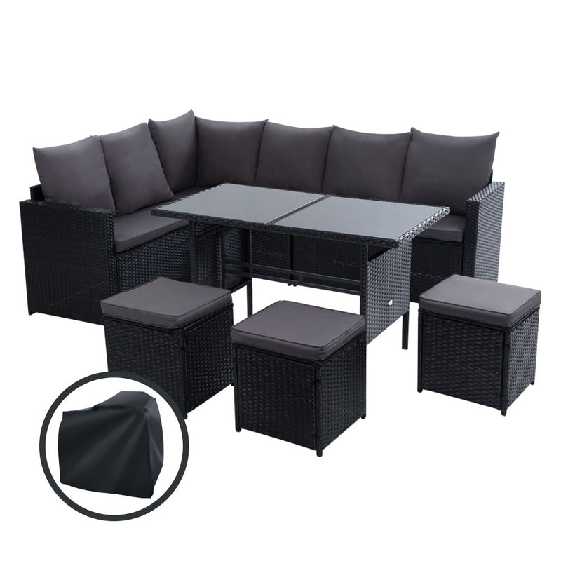 Gardeon Outdoor Furniture Dining Setting Sofa Set Wicker 9 Seater Storage Cover Black - Coll Online