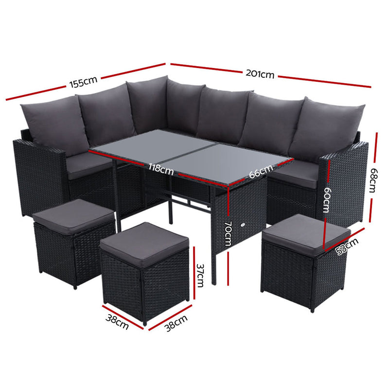 Gardeon Outdoor Furniture Dining Setting Sofa Set Wicker 9 Seater Storage Cover Black - Coll Online