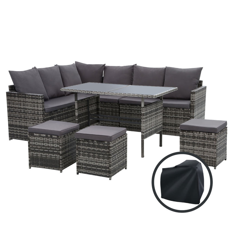 Gardeon Outdoor Furniture Dining Setting Sofa Set Wicker 9 Seater Storage Cover Mixed Grey - Coll Online