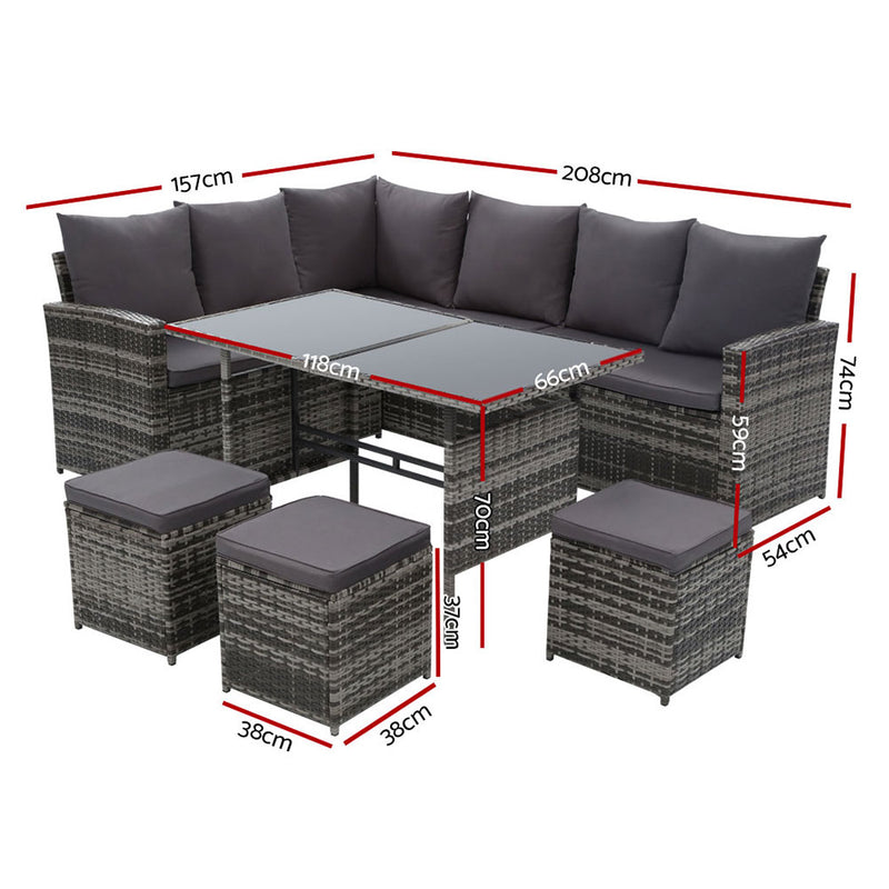 Gardeon Outdoor Furniture Sofa Set Dining Setting Wicker 9 Seater Mixed Grey - Coll Online