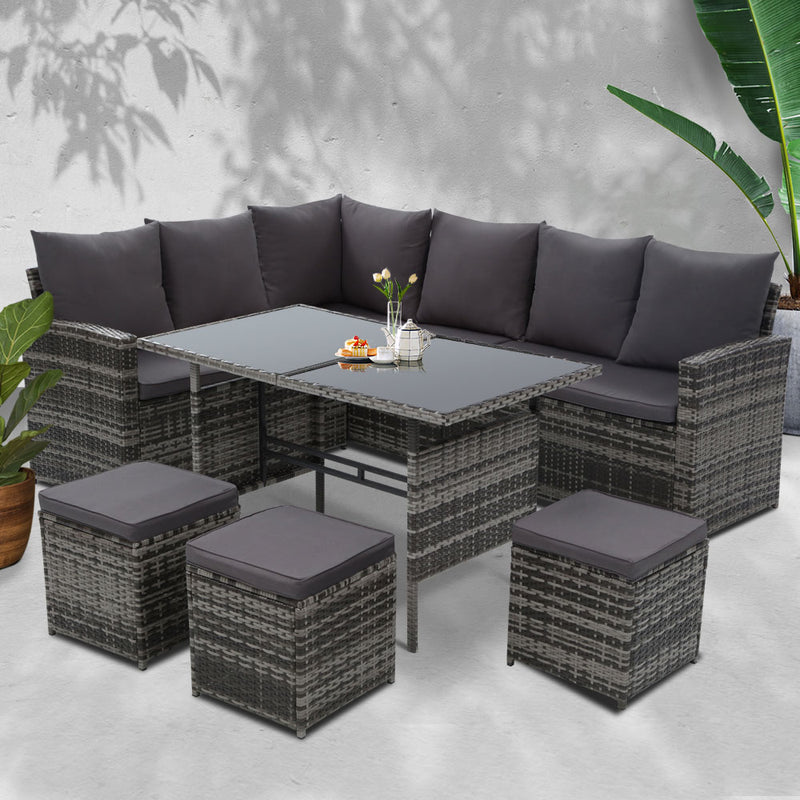 Gardeon Outdoor Furniture Sofa Set Dining Setting Wicker 9 Seater Mixed Grey - Coll Online