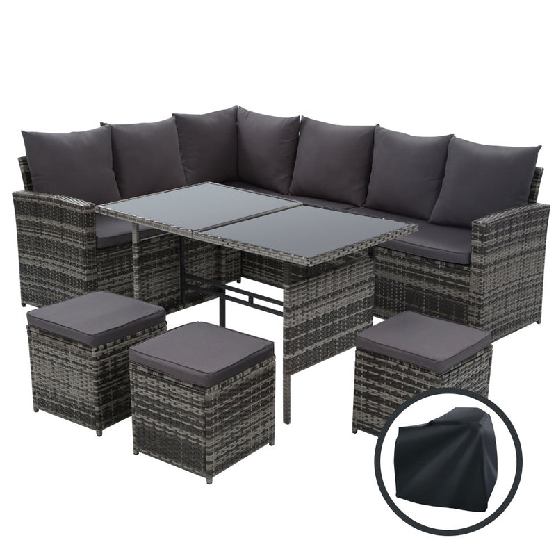 Gardeon Outdoor Furniture Sofa Set Dining Setting Wicker 9 Seater Storage Cover Mixed Grey - Coll Online