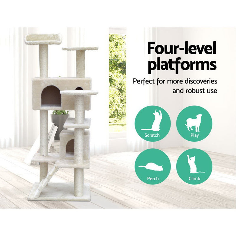 i.Pet Cat Tree 134cm Trees Scratching Post Scratcher Tower Condo House Furniture Wood Beige - Coll Online