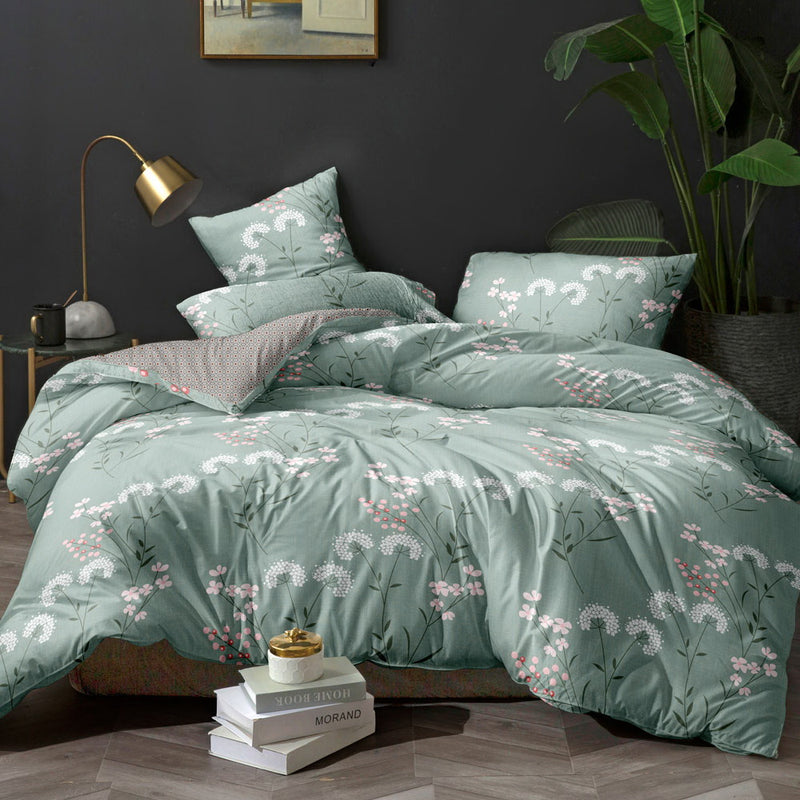 Giselle Bedding Quilt Cover Set Queen Bed Doona Duvet Reversible Sets Flower Pattern Green - Coll Online