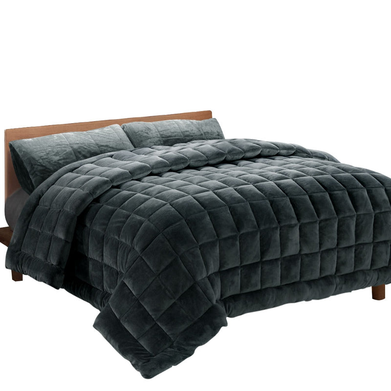 Giselle Bedding Faux Mink Quilt Plush Throw Blanket Comforter Duvet Cover Charcoal Double - Coll Online