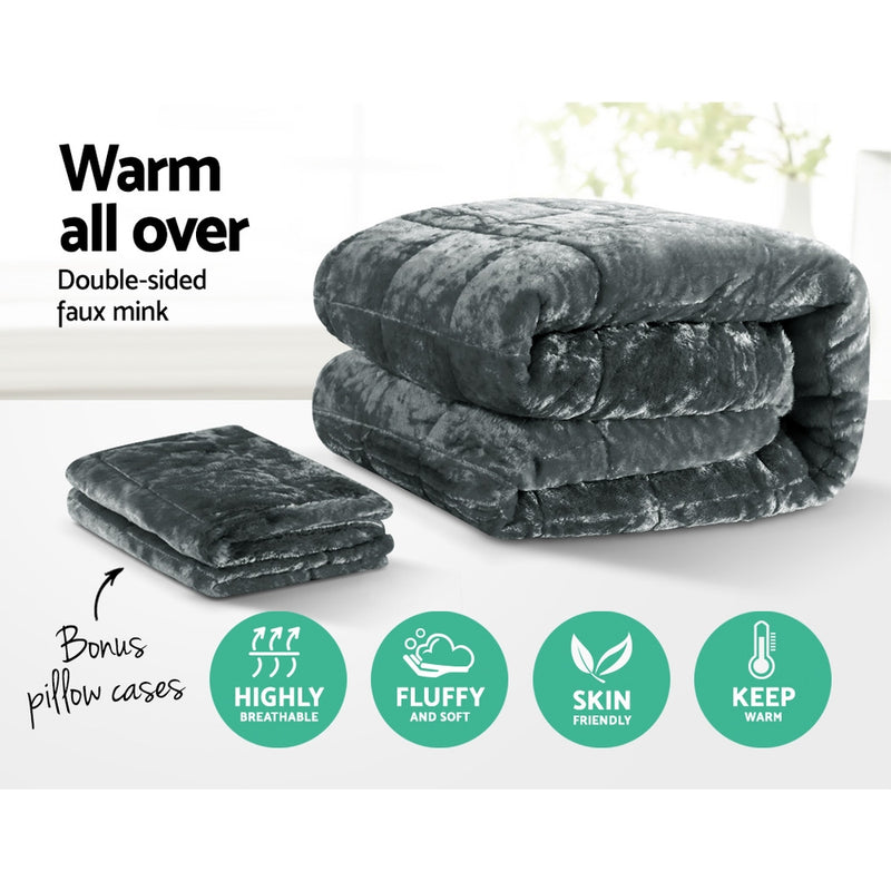 Giselle Bedding Faux Mink Quilt Plush Throw Blanket Comforter Duvet Cover Charcoal Double - Coll Online