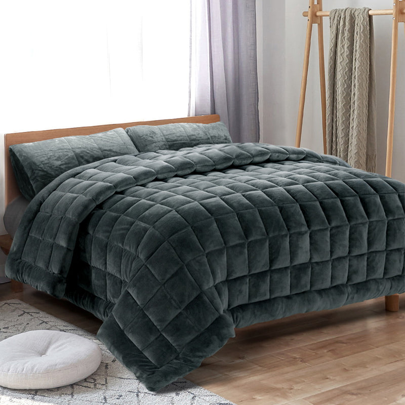 Giselle Bedding Faux Mink Quilt Plush Throw Blanket Comforter Duvet Cover Charcoal Double - Coll Online