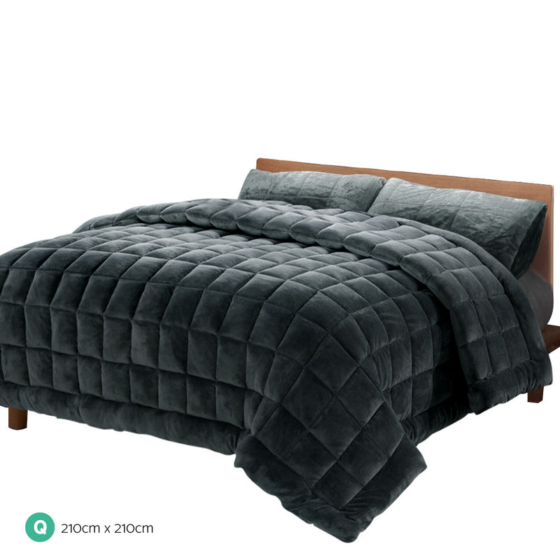 Giselle Bedding Faux Mink Quilt Comforter Throw Blanket Doona Charcoal Queen - Coll Online