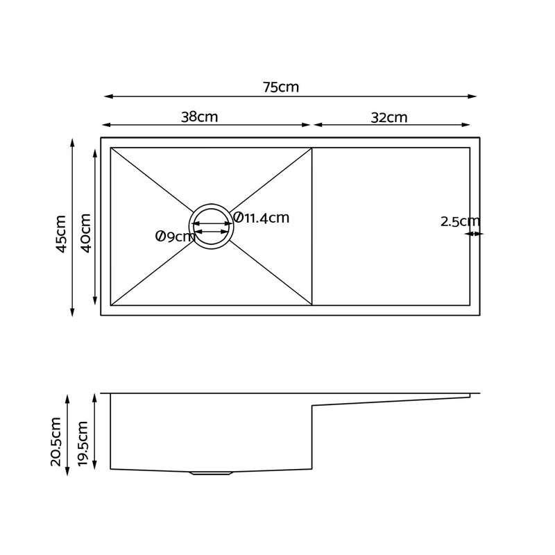 Cefito Kitchen Sink Handmade Stainless Steel Under or Topmount Laundry 750x450mm - Coll Online