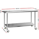 Cefito 304 Stainless Steel Kitchen Benches Work Bench Food Prep Table with Wheels 1829MM x 610MM