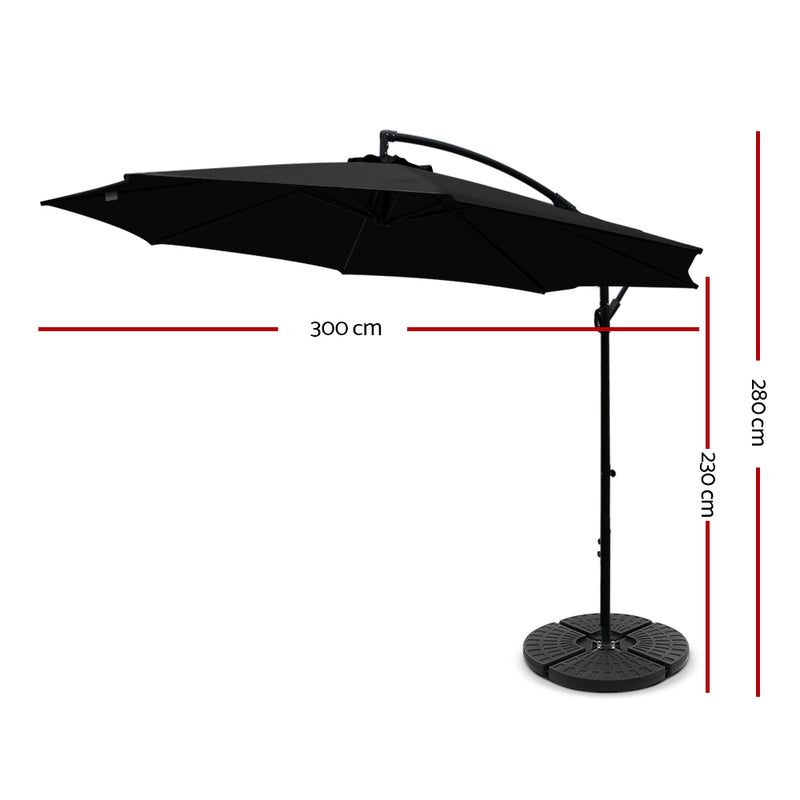 Instahut 3M Umbrella with 48x48cm Base Outdoor Umbrellas Cantilever Sun Beach Garden Patio Black - Coll Online