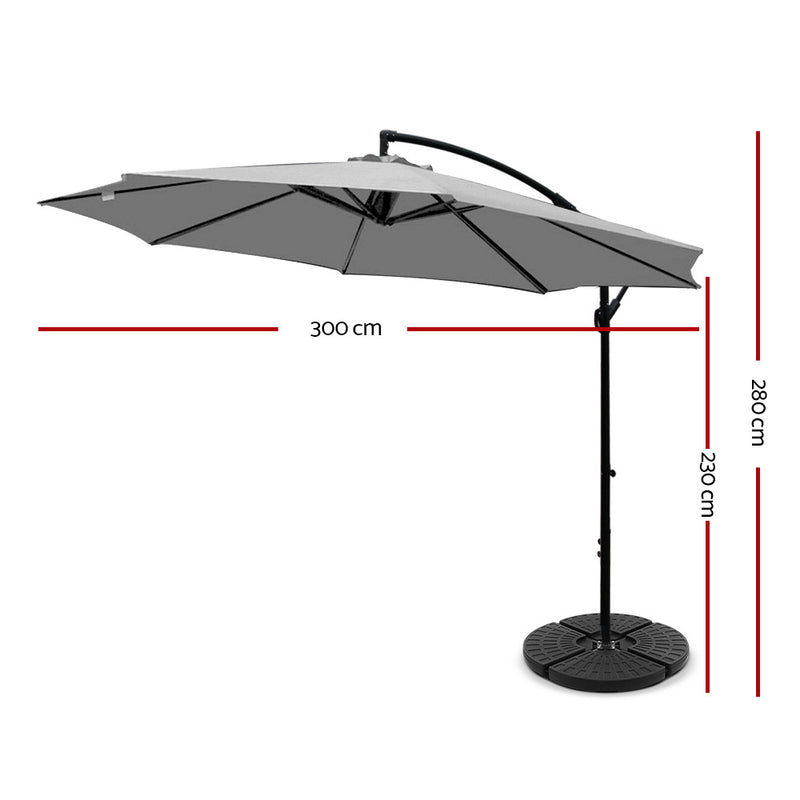 Instahut 3M Umbrella with 48x48cm Base Outdoor Umbrellas Cantilever Sun Beach Garden Patio Grey