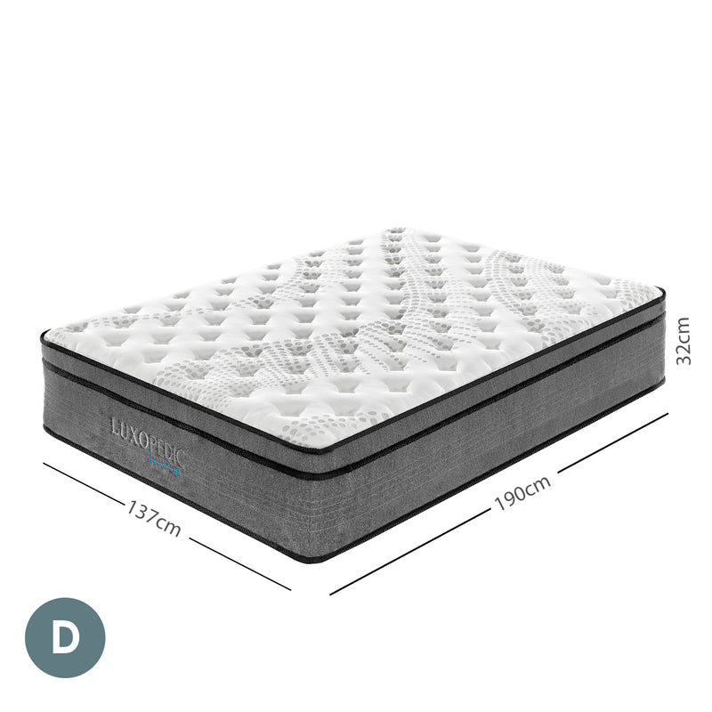 Luxopedic Pocket Spring Mattress 5 Zone 32CM Euro Top Memory Foam Medium Firm - Double - White  Grey