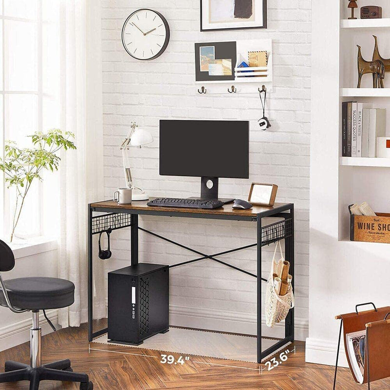 Computer Desk with 8 Hooks Rustic Brown and Black