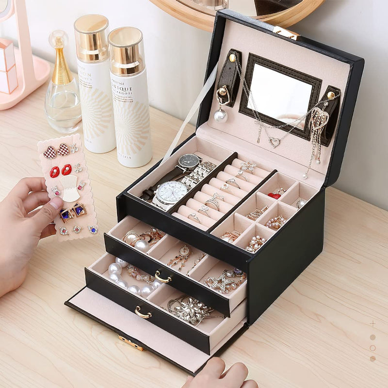 Portable Travel Jewelry box with three-layer PU leather storage box, mirror and lock