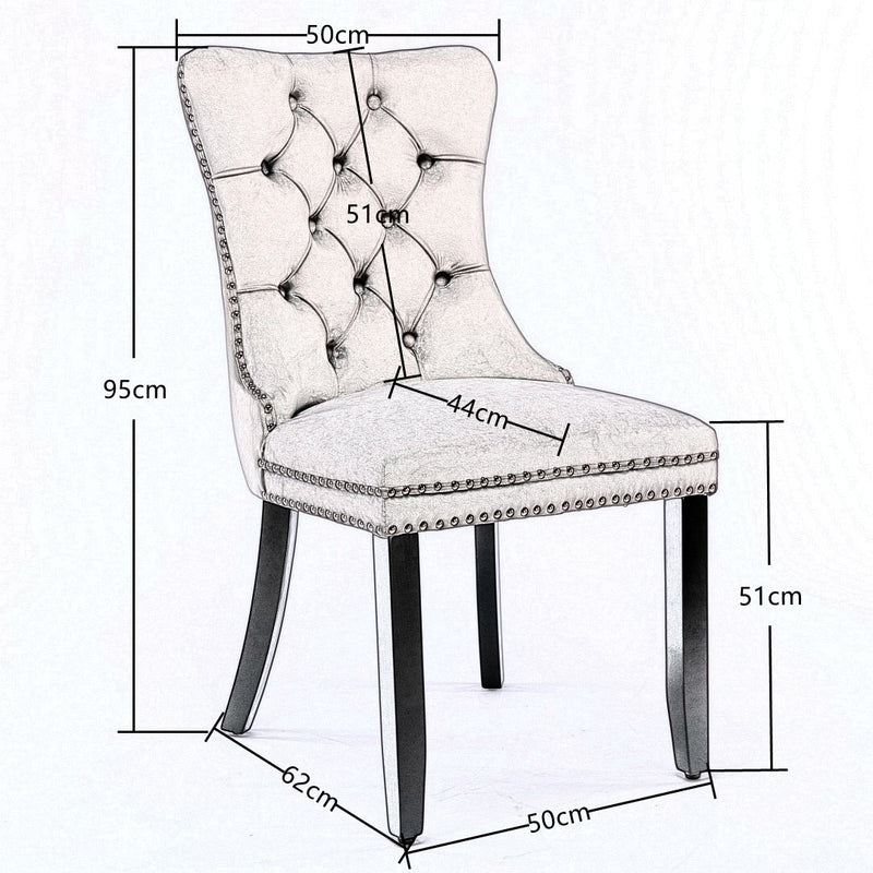 2x Velvet Dining Chairs Upholstered Tufted Kithcen Chair with Solid Wood Legs Stud Trim and Ring-Beige