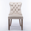 2x Velvet Dining Chairs Upholstered Tufted Kithcen Chair with Solid Wood Legs Stud Trim and Ring-Beige