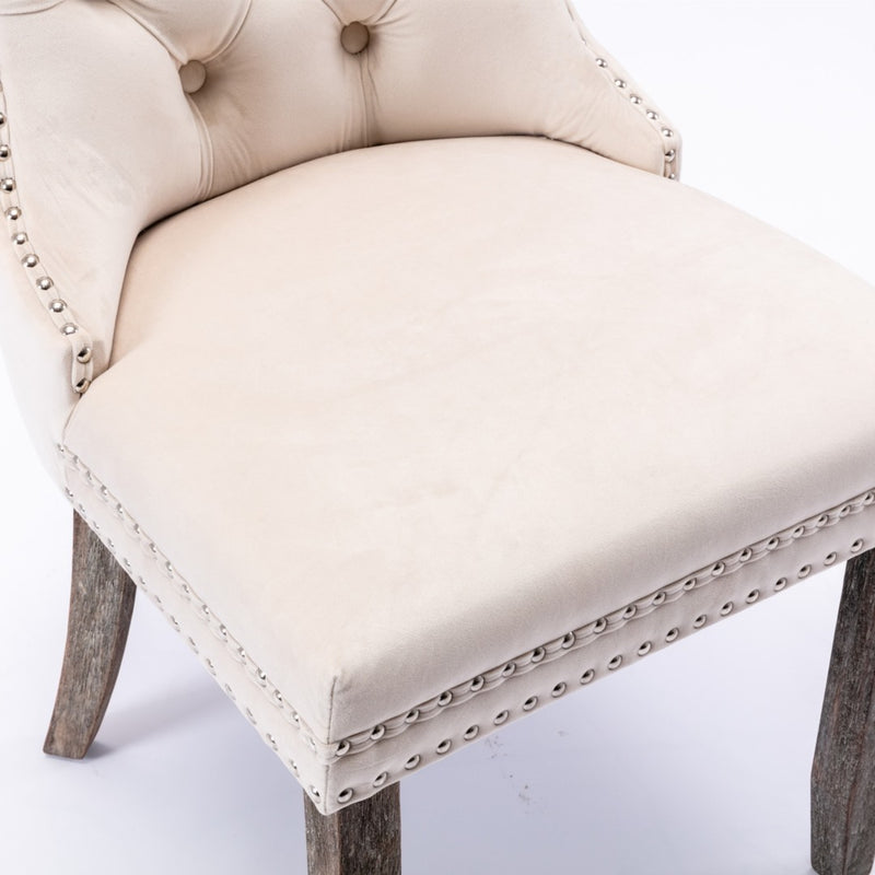 2x Velvet Dining Chairs Upholstered Tufted Kithcen Chair with Solid Wood Legs Stud Trim and Ring-Beige