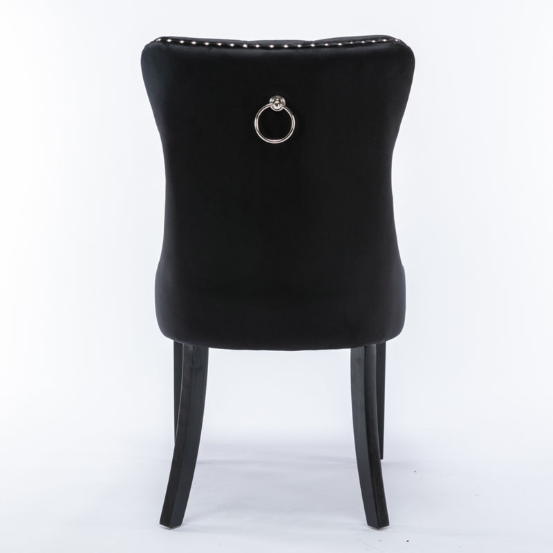 2x Velvet Dining Chairs Upholstered Tufted Kithcen Chair with Solid Wood Legs Stud Trim and Ring-Black