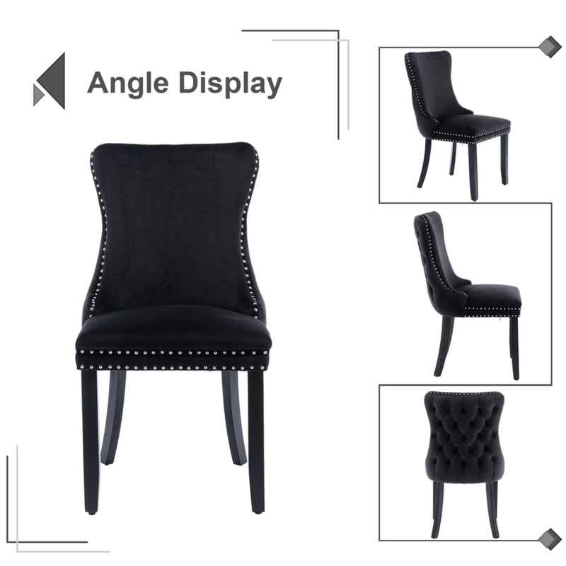 2x Velvet Upholstered Dining Chairs Tufted Wingback Side Chair with Studs Trim Solid Wood Legs for Kitchen