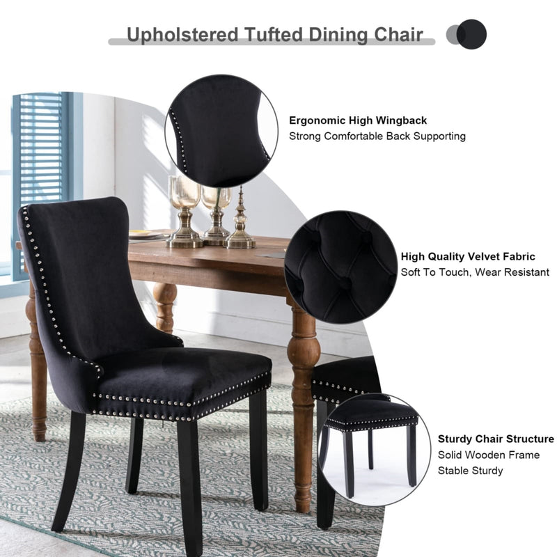 2x Velvet Upholstered Dining Chairs Tufted Wingback Side Chair with Studs Trim Solid Wood Legs for Kitchen