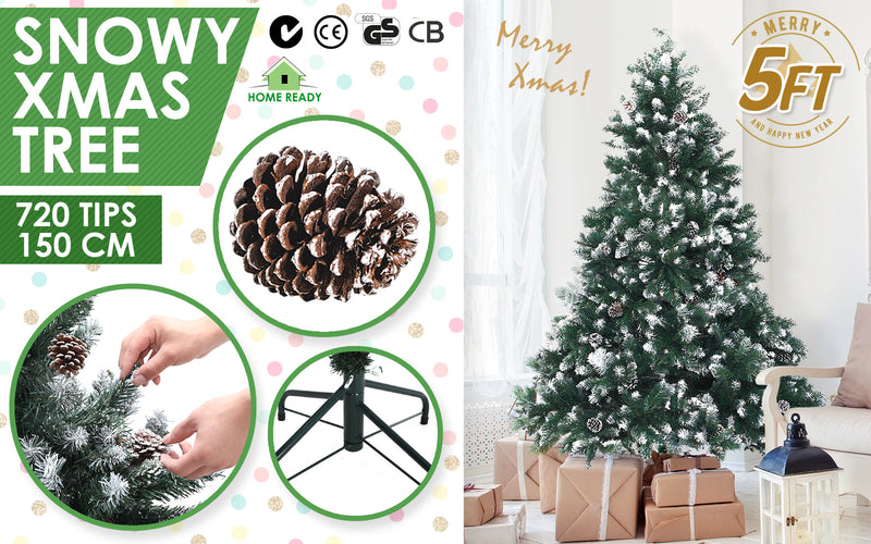 Home Ready 5Ft 150cm 720 tips Green Snowy Christmas Tree Xmas Pine Cones