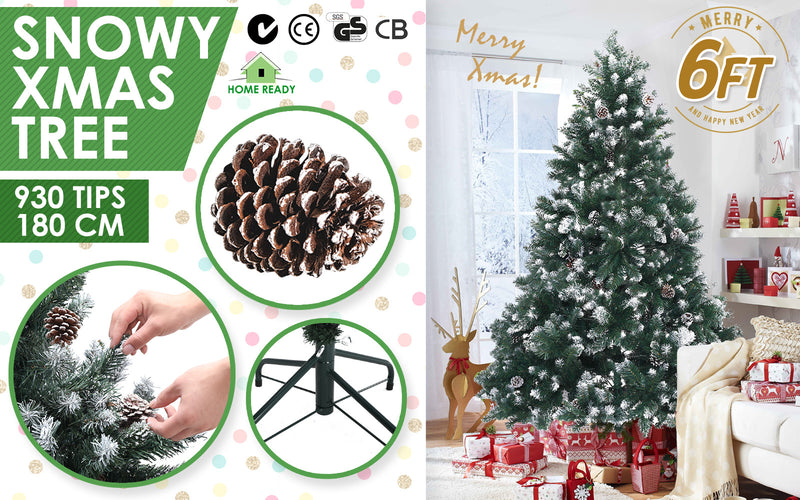 Home Ready 6Ft 180cm 930 tips Green Snowy Christmas Tree Xmas Pine Cones