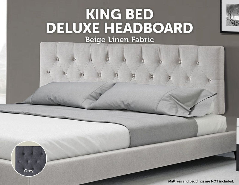 Linen Fabric King Bed Deluxe Headboard Bedhead - Beige